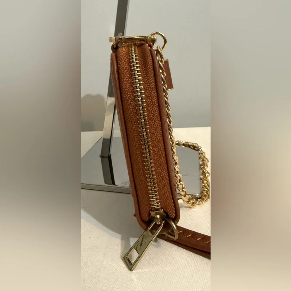 Brown Bow-Accent Wristlet Wallet Small Purse with Gold Chain